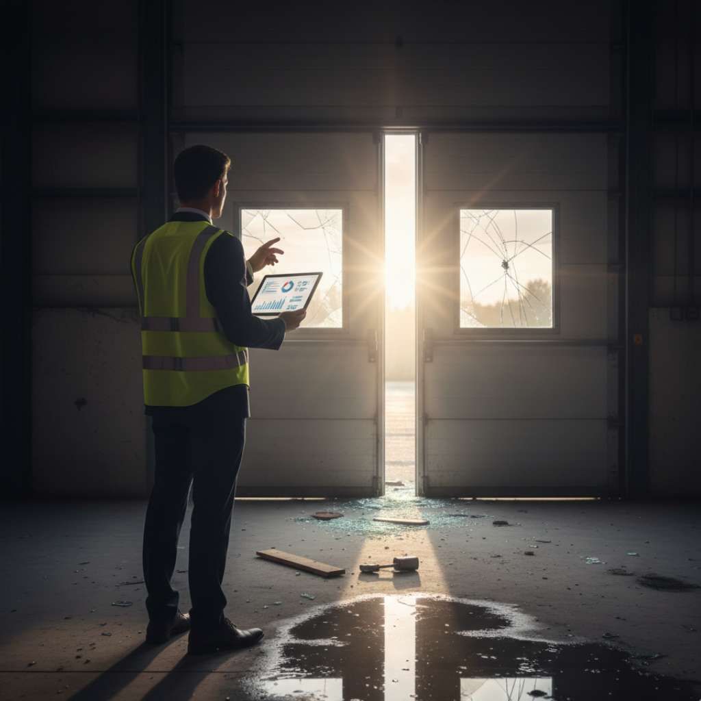 Biztosítási szakértő ellenőrzi a megrongálódott raktárajtót tablettel, helyszíni szemle során.”